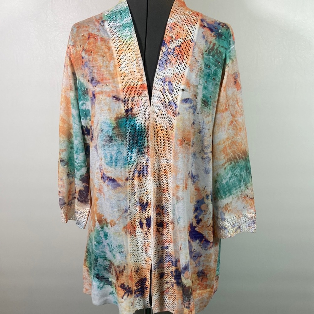 CJ Banks Open Front 100% Polyester Light Weight Eyelet Cuff & Front Detail Top